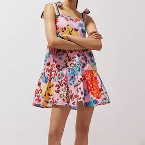 Peter Som Anthropologie Flouncy Floral Mini Dress Tiered Tie Shoulder Medium